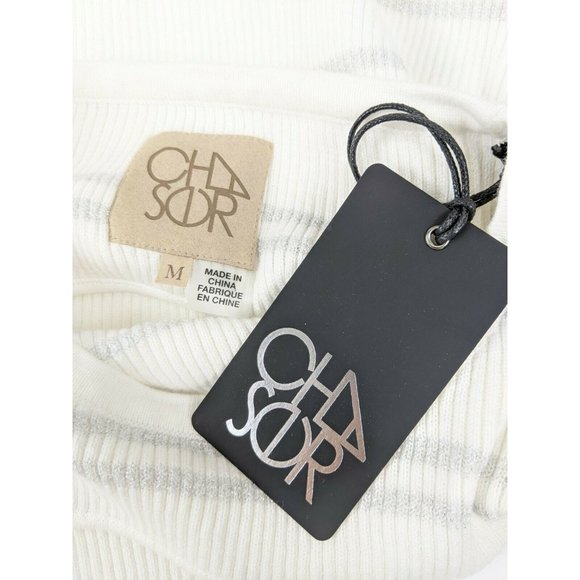 Chaser Sweater Womens Size M Cotton Lurex Ribbed White Silver 2 Keyhole $86 Nwt - Picture 6 of 6